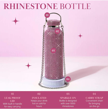 Paris Hilton Diamond Bling - Botella de agua con tapa y correa de transporte extraíble, de acero inoxidable