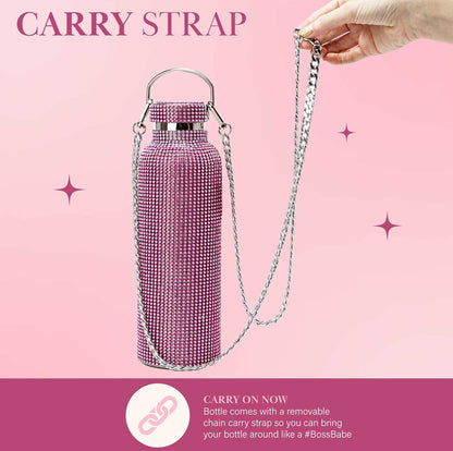 Paris Hilton Diamond Bling - Botella de agua con tapa y correa de transporte extraíble, de acero inoxidable