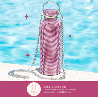 Paris Hilton Diamond Bling - Botella de agua con tapa y correa de transporte extraíble, de acero inoxidable