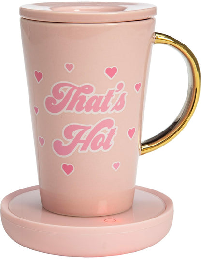 Paris Hilton Juego de calentador eléctrico de taza, calentador eléctrico de tazas de gravedad con taza de café de cerámica de 14 onzas con tapa