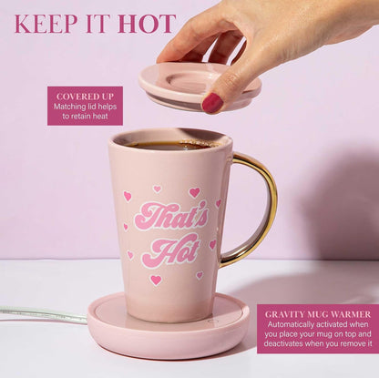 Paris Hilton Juego de calentador eléctrico de taza, calentador eléctrico de tazas de gravedad con taza de café de cerámica de 14 onzas con tapa