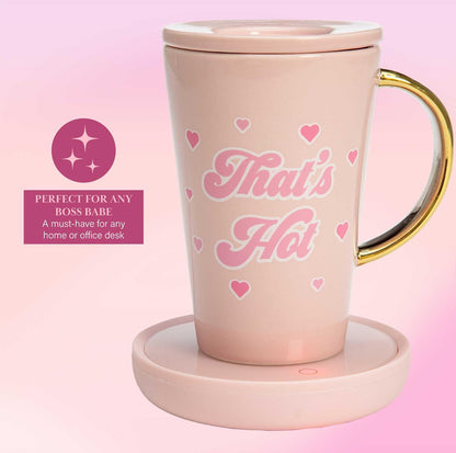 Paris Hilton Juego de calentador eléctrico de taza, calentador eléctrico de tazas de gravedad con taza de café de cerámica de 14 onzas con tapa