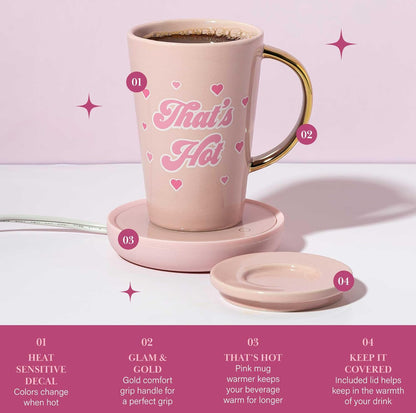 Paris Hilton Juego de calentador eléctrico de taza, calentador eléctrico de tazas de gravedad con taza de café de cerámica de 14 onzas con tapa
