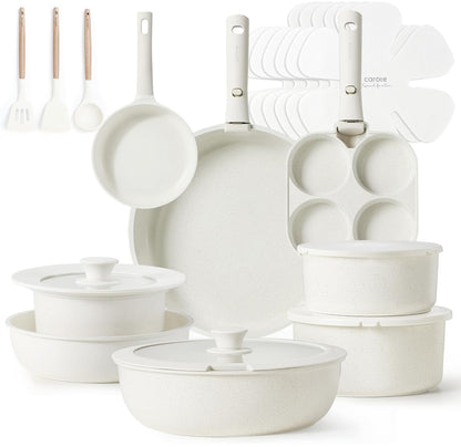 CAROTE Juego de 23 ollas y sartenes antiadherentes, juego de utensilios de cocina, apto para horno 