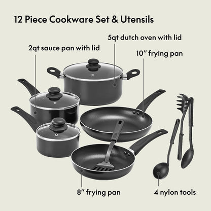 BELLA Juego de utensilios de cocina, ollas y sartenes con utensilios, superficie de cocción antiadherente