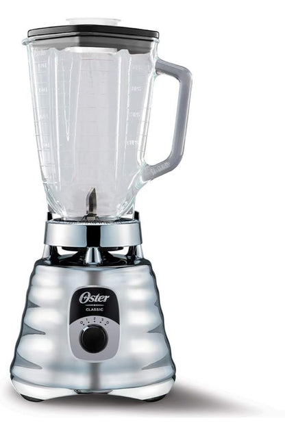 Oster Licuadora cromada original de 3 velocidades, motor 6 veces más duradera, 10 veces más fuerte, tarro de vidrio