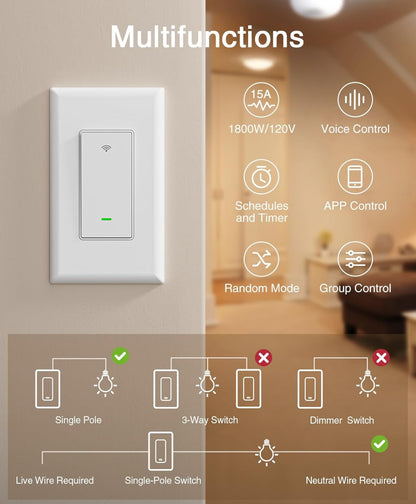 GHome Smart Interruptor, interruptor de luz Wi-Fi inteligente, Paquete de 4 piezas