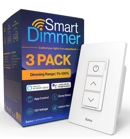 Sunco - Paquete de 3 interruptores reguladores inteligentes, interruptor de pared doble basculante, WiFi