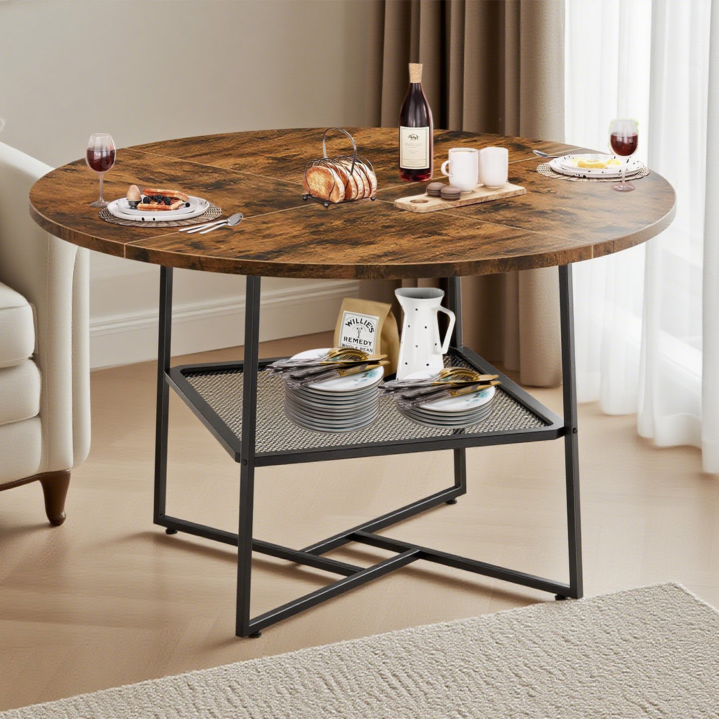 51inch Round Dining Table For 4-6  Tiger Stripes Black Wooden Dining