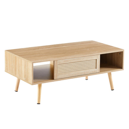 41.34 Inch Rattan Coffee Table, Sliding Door For Storage, Solid Wood Legs, Modern Living Room Table, Natural