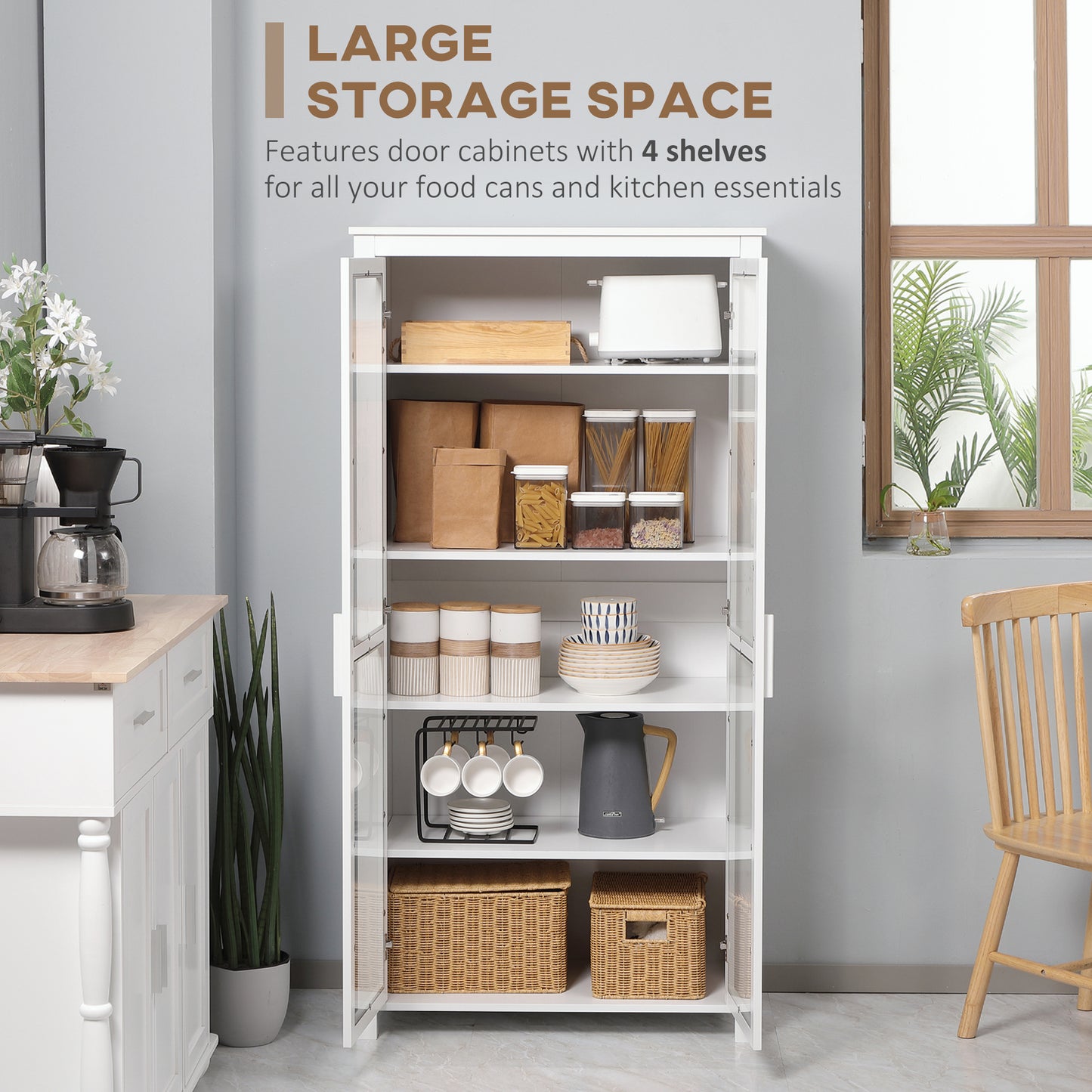 63" Kitchen Pantry Cabinet Display, Freestanding Storage, with 2 Glass Doors