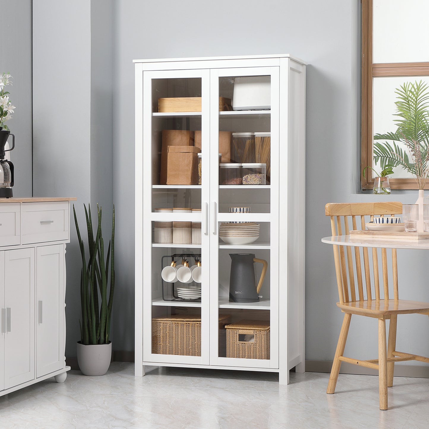 63" Kitchen Pantry Cabinet Display, Freestanding Storage, with 2 Glass Doors