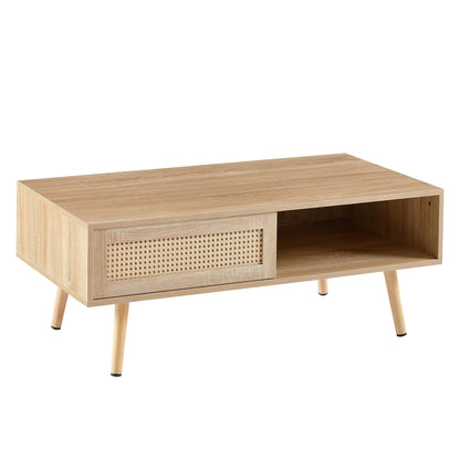 41.34 Inch Rattan Coffee Table, Sliding Door For Storage, Solid Wood Legs, Modern Living Room Table, Natural