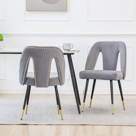AA Furniture,Akoya Collection Modern Contemporary Velvet Upholstered Dining Chair With Nailheads And Gold Tipped Black Metal Legs Gray  Set Of 2