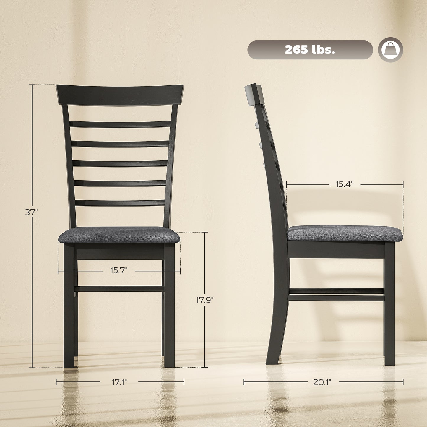 Wooden Dining Chairs Set Of 4, Farmhouse Upholstered Kitchen Chairs With Rubber Wood Frame, Black And Gray
