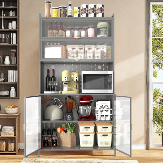 73'' Tall Kitchen Pantry Cabinet , 6 Level Flip Door With Pegboard Spacious, Adjustable & Stylish Metal Pantry Storage Cabinet, Anti-Tip Design Hutch For Kitchen, Dining Room, Living Room Grey